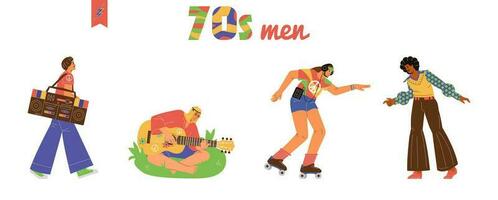 Männer von das 70er Jahre Vektor Abbildungen Satz. Männer Walze skaten, Tanzen Disko, Hippie spielen das Gitarre, Gehen mit Boom Kasten.