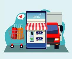 online shoppingteknik med smartphone och leveransbil vektor