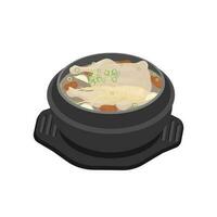 Vektor Illustration Logo Koreanisch Ginseng Hähnchen Suppe Samgyetang serviert auf ein ttukbaegi