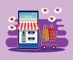 Online-Shopping-Technologie mit Ladenfassade in Smartphone und Warenkorb vektor