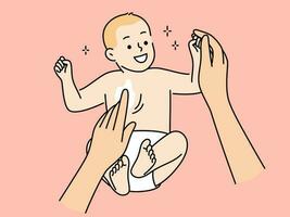 Nahansicht von Mutter anwenden Sahne auf süß Baby. Pflege Mama verwenden Pulver nehmen Pflege von Neugeborene Kind. Mutterschaft Konzept. Vektor Illustration.