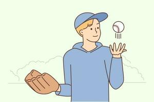 leende ung man i sportkläder med baseboll handske och boll. Lycklig manlig idrottare spela baseboll på fält. sport och hobby. vektor illustration.