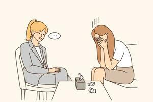 unzufrieden Frau Weinen beim Session mit Psychotherapeut. verärgert Mädchen Gefühl deprimiert beim sich unterhalten mit Psychologe. Psychotherapie und mental Probleme. Vektor Illustration.