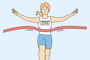 glücklich weiblich Athlet im Uniform Kreuz Fertig Linie feiern Erfolg. lächelnd Frau Läufer oder Jogger Gefühl aufgeregt Sieg Marathon- oder Wettbewerb. Vektor Illustration.