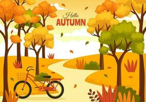 Herbst Vektor Illustration Panorama- von Berge und Ahorn Bäume gefallen mit Gelb Laub im eben Karikatur Hand gezeichnet Landung Seite Vorlagen