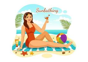 solbad vektor illustration av människor liggande på schäs vardagsrum och avkopplande på strand sommar högtider i platt tecknad serie hand dragen mallar