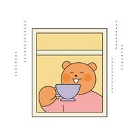 regnerisch Tag. das Bär ist Trinken Tee und Aufpassen das Regen draußen das Fenster. einfach Illustration mit Umrisse. vektor