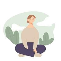ein Frau ist Sitzung mit gekreuzten Beinen und meditieren. einfach Vektor Illustration.