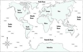 kontinenter och oceaner värld Karta hand dragen vektor