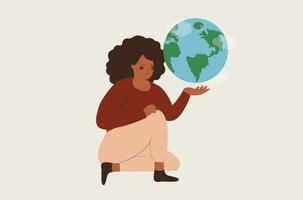 schwarz Frau hält das Grün Erde Globus und schützt Es. Aktivist afrikanisch amerikanisch Mutter kümmert sich Über das Planet und das Klima ändern. Konzept von Erde Tag, Ökologie Bewegung, und nachhaltig Energie. vektor