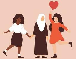 glücklich Frauen Unterstützung jeder andere mit Liebe. drei Mütter von anders Ethnien, Religionen und Kulturen Stand Seite durch Seite zusammen. Konzept von Feminist Bewegung, Mutter Tag und Damen Tag. vektor