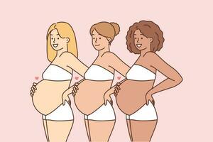 lächelnd vielfältig multiethnisch Frauen mit Bäuche aufgeregt Über Mutterschaft. glücklich interracial schwanger Weibchen. Schwangerschaft und Erziehung. Vektor Illustration.