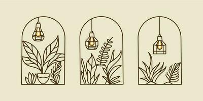 Boho Logos mit tropisch Pflanze Blätter auf Vase mit Anhänger Licht Lampe im modern minimalistisch Linie Stil. Vektor Bohemien Etiketten zum Erstellen Postkarte, Poster, Einladung, Sozial Medien Beiträge