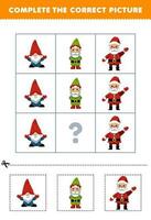 utbildning spel för barn till välja och komplett de korrekt bild av en söt tecknad serie gnome dvärg- eller santa tryckbar vinter- kalkylblad vektor