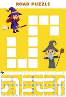 Bildung Spiel zum Kinder Straße Puzzle Hilfe Hexe Bewegung zu das Magier druckbar Halloween Arbeitsblatt vektor
