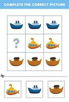 Bildung Spiel zum Kinder zu wählen und Komplett das richtig Bild von ein süß Karikatur Fähre Schiff U-Boot oder Arche druckbar Transport Arbeitsblatt vektor