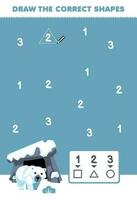 utbildning spel för barn hjälp söt tecknad serie polär Björn dra de korrekt former enligt till de siffra tryckbar vinter- kalkylblad vektor