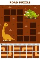 Bildung Spiel zum Kinder Straße Puzzle Hilfe Brontosaurus Bewegung zu Triceratops druckbar Dinosaurier Arbeitsblatt vektor
