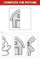 Bildung Spiel zum Kinder Schnitt und Komplett das Bild von süß Karikatur Scheune Hälfte Gliederung zum Färbung druckbar Bauernhof Arbeitsblatt vektor
