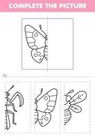 Bildung Spiel zum Kinder Schnitt und Komplett das Bild von süß Karikatur Schmetterling Hälfte Gliederung zum Färbung druckbar Fehler Arbeitsblatt vektor