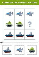 utbildning spel för barn till välja och komplett de korrekt bild av en söt tecknad serie slagskepp jet kämpe eller tank tryckbar transport kalkylblad vektor