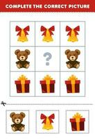 utbildning spel för barn till välja och komplett de korrekt bild av en söt tecknad serie teddy Björn klocka eller gåva låda tryckbar vinter- kalkylblad vektor