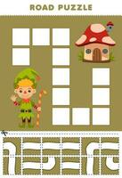 Bildung Spiel zum Kinder Straße Puzzle Hilfe Zwerg Bewegung zu das Pilz Haus druckbar Halloween Arbeitsblatt vektor
