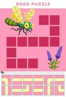 Bildung Spiel zum Kinder Straße Puzzle Hilfe Fehler Bewegung zu Blume druckbar Fehler Arbeitsblatt vektor