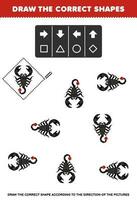 utbildning spel för barn dra de korrekt form enligt till de riktning av söt tecknad serie scorpion bilder tryckbar insekt kalkylblad vektor