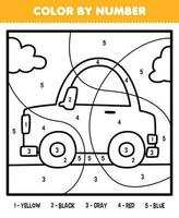 Bildung Spiel zum Kinder Farbe durch Nummer von süß Karikatur Auto Linie Kunst druckbar Transport Arbeitsblatt vektor