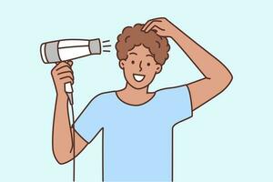 leende ung man blåser hår med hårtork. Lycklig kille ta vård av frisyr med torktumlare. skönhet och välbefinnande. vektor illustration.