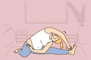 gesund schwanger Frau trainieren Yoga auf Matte beim heim. lächelnd Zukunft Mutter ausüben im Leben Zimmer. Schwangerschaft und Sport. Vektor Illustration.