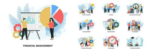 uppsättning av webb sida design mallar för förvaltning webb sida sammansättning med ledarskap, tid förvaltning, risk förvaltning och Mer modern vektor illustration begrepp