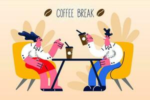 lächelnd Geschäftsleute haben Kaffee brechen von Arbeit entspannen im Salon Zone. glücklich vielfältig Angestellte oder Kollegen sich ausruhen im Cafe auf Mittagessen oder Abendessen Zeit. Essen aus. Vektor Illustration.
