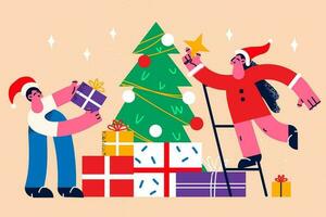 Lycklig par dekorera jul träd på Hem tillsammans njut av vinter- Semester firande. leende man och kvinna i santa hattar ha roligt med gran dekoration för ny år. vektor illustration.