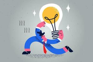 motiviert männlich Mitarbeiter halt die Glühbirne Brainstorming generieren kreativ Geschäft Idee. glücklich Geschäftsmann beteiligt im Denken. Neu Anfang oder Projekt Implementierung oder Start. Vektor Illustration.