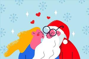 santa claus i traditionell kostym kyss kvinna känna i kärlek och tillgivenhet. Lycklig gammal far jul och ung kvinna i relation. ny år och vinter- högtider roligt. vektor illustration.