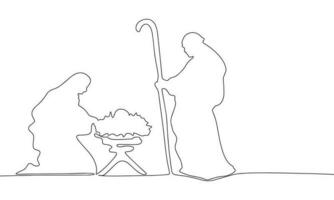 kontinuerlig linje teckning av född Jesus, svart och vit vektor minimalistisk illustration av religion begrepp