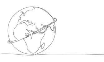 Flugzeug um Erde im kontinuierlich Linie Kunst Zeichnung Stil. Silhouette von Ebene, Reise Konzept. schwarz linear skizzieren isoliert auf Weiß Hintergrund. Vektor Illustration