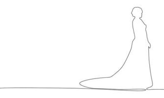 Frau im lange Kleid isoliert auf Weiß Hintergrund. einer Linie kontinuierlich mittelalterlich Dame Vektor Illustration. Umriss, Linie Kunst Silhouette