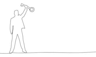 Mann mit Schlüssel isoliert auf Weiß Hintergrund. einer Linie kontinuierlich Sieg Konzept Vektor Illustration. Umriss, Linie Kunst Silhouette