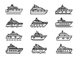 Yacht, Symbol Satz. Yachten Motor- Boote, linear Symbole. Boot Symbol Vektor Illustration.