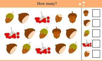 Wie viele Kastanien, Eicheln, Eberesche Beeren und Haselnüsse. lehrreich Spiel zum Kinder vektor