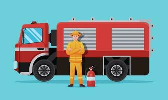 brandman karaktär med brand lastbil vektor illustration