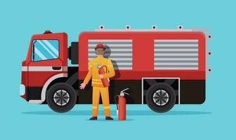 brandman karaktär med brand lastbil vektor illustration