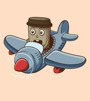 vektor flyga i en krig plan med kaffe kopp illustration av söt karaktär