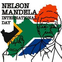 Nelson Mandela International Tag. Lager Vektor Illustration. Kontur Porträt mit angehoben Hand gegen das Hintergrund von das Flagge und das Gliederung von Süd Afrika. Rechte, Stärke, Sieg, Gleichberechtigung