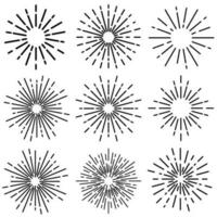 Jahrgang Sunburst Symbol Vektor Satz. Explosion Hand gezeichnet Illustration Zeichen Sammlung. Elemente Feuerwerk, schwarz Strahlen.