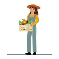 illustration av en kvinna innehav en låda full av grönsaker. vektor