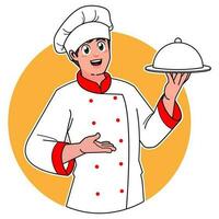männlich Koch dient köstlich Geschirr vektor